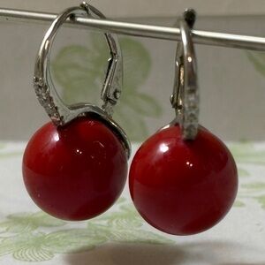 Sterling Silver 925 Cherry Red Round Drop Earrings Rhinestones